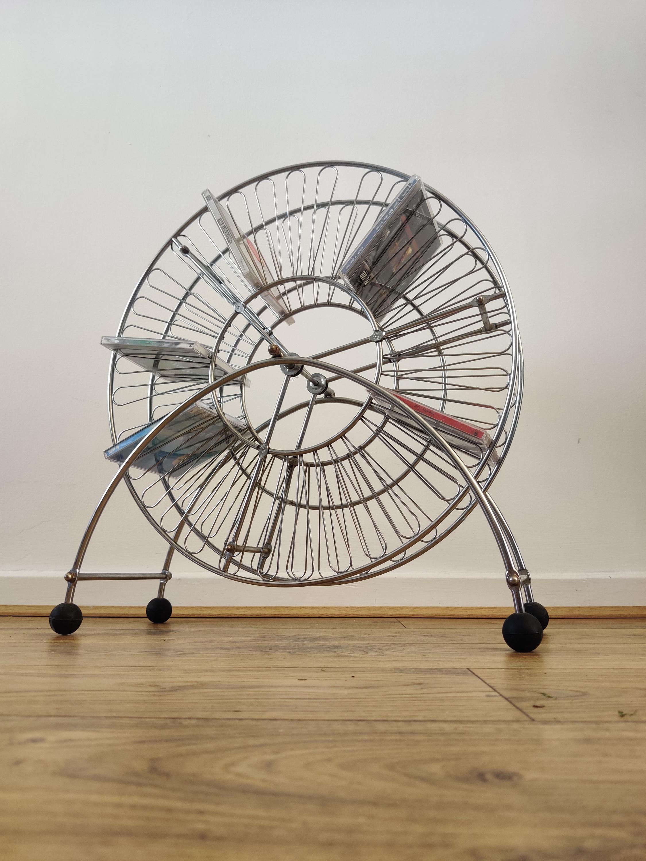 Vintage Rotating Ferris Wheel CD Tower, Chrome Silver Metal, Post