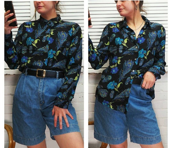 Black and Blue Peacock Patterned Blouse Floral Shi