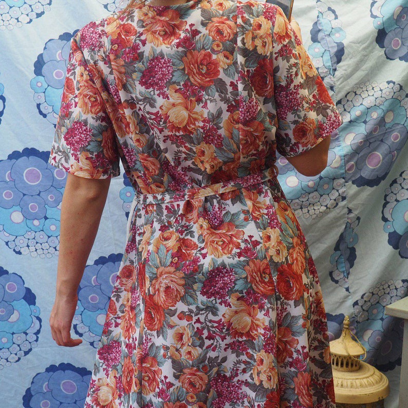 1980s Orange Floral Dress Vintage Dress Tea Dress Short Sleeve Etsy