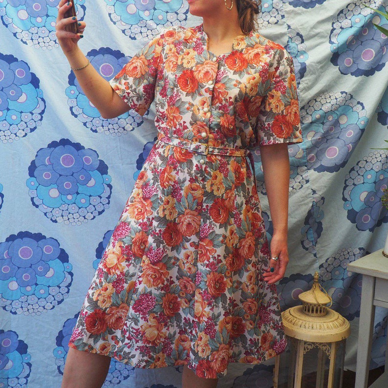 1980s Orange Floral Dress Vintage Dress Tea Dress Short Sleeve Etsy