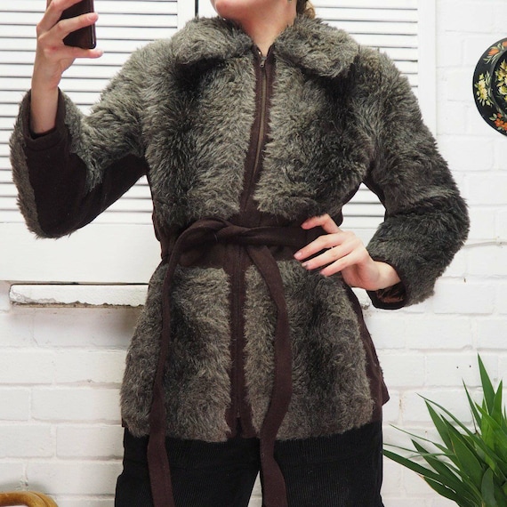 Vintage 70s Grey / brown Faux Fur Coat Tie Belt Ma