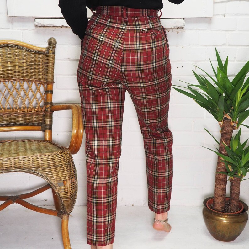 Vintage 1980s Checked Red High Waisted Trousers Straight Leg | Etsy