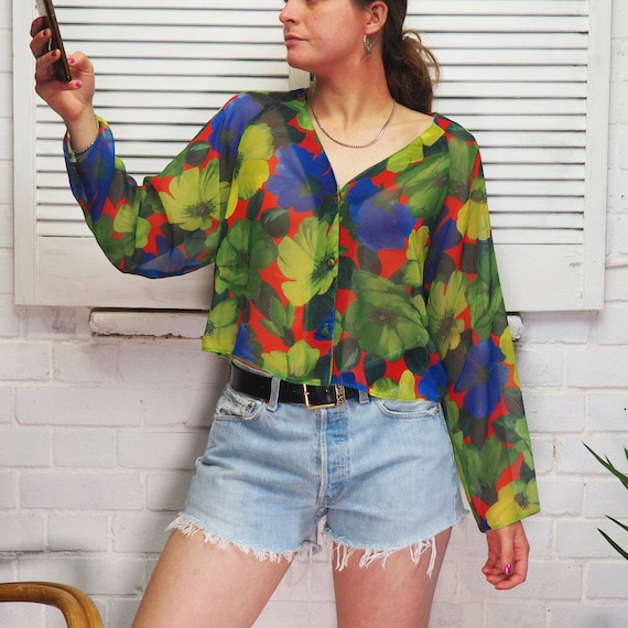 1990s Floral Sheer Cropped Blouse Flowery Shirt Lo