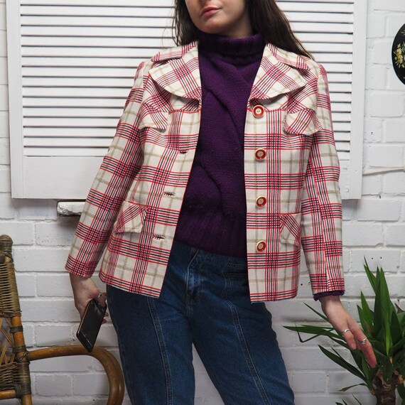 Vintage 1970s Check Wool Blazer Cream Jacket Red a
