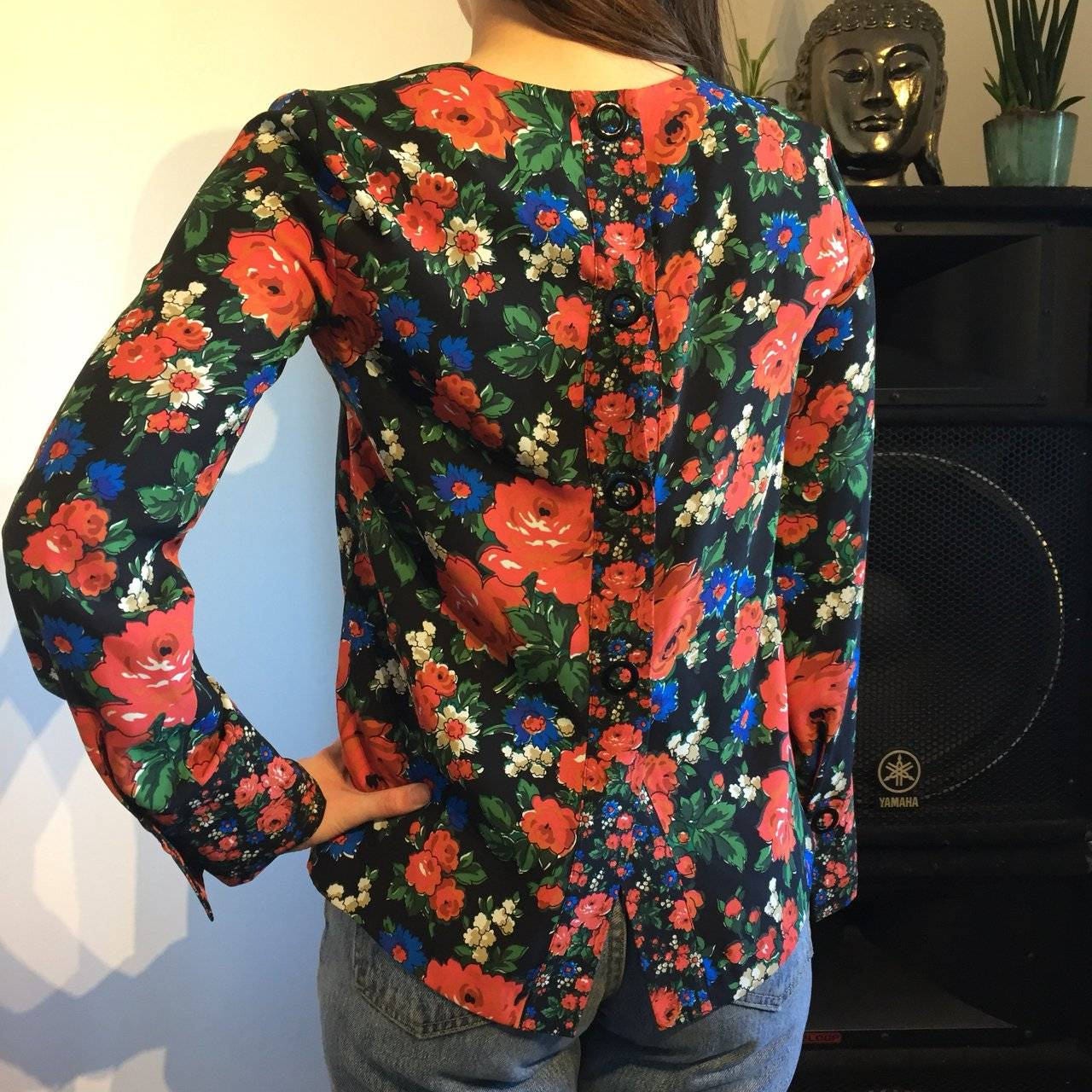Beautiful Red Floral Flower Warehouse Blouse With Cute Button - Etsy UK