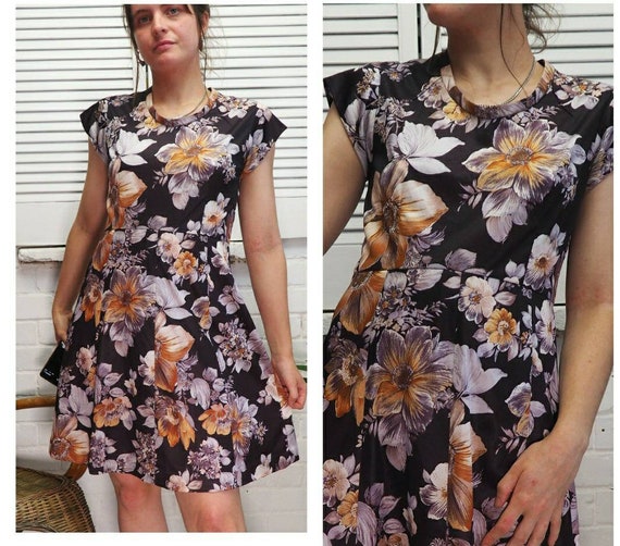 1970s brown and orange floral skater dress mini dr