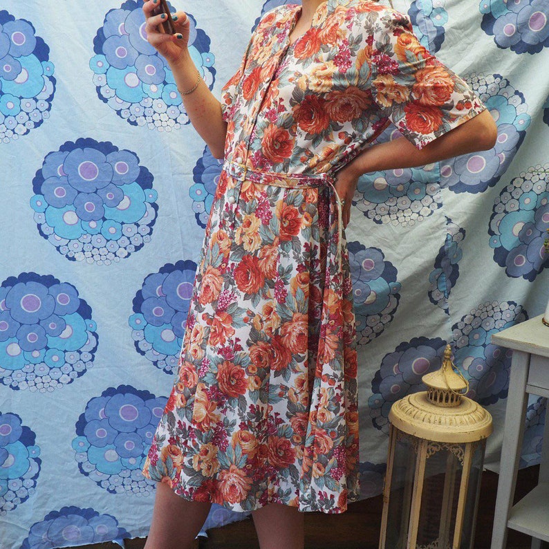 1980s Orange Floral Dress Vintage Dress Tea Dress Short Sleeve Etsy