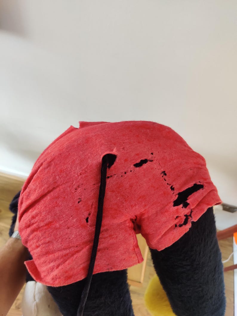 K&ouml;nnte beinhalten: Ein rotes, abgenutztes Stoffelement mit einer schwarzen Kordel, m&ouml;glicherweise Teil eines Kost&uuml;ms oder einer Requisite. Der Stoff weist mehrere L&ouml;cher und Risse auf, was auf Abnutzung hindeutet. Der Hintergrund ist hell und neutral.