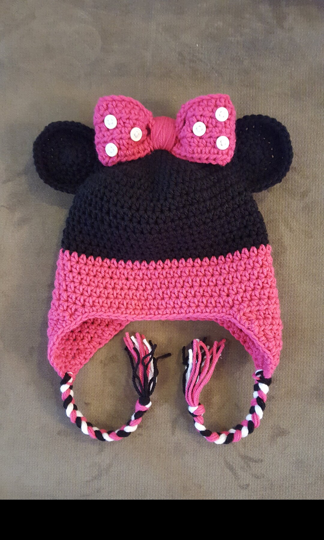 Crochet Minnie Mouse Hat With Bow and Ear Flaps, Infant to Child Size