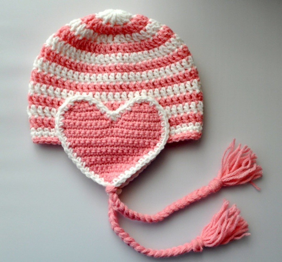 Valentine Crochet Hat, Pink and White Hat With Heart Ear Flaps