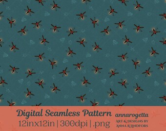 Teal Firefly Seamless Pattern, Bug Outdoor Camping Fabric (Digital Download)