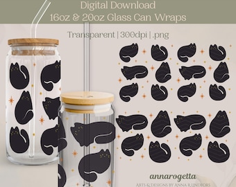 Retro Czarny Kot Cyfrowy Szklana Puszka Opakowanie 16oz i 20oz Szklany Sipper Libbey Powierzchnia Wzór Sublimacja Gwiazdy Ręcznie Rysowane Przezroczyste PNG