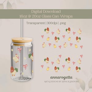 Kawaii Coquette Chickens Digital Glass Can Wrap 16oz & 20oz Glass Sipper Libbey Surface Design Sublimation Bows Hens Roosters Chicks Eggs