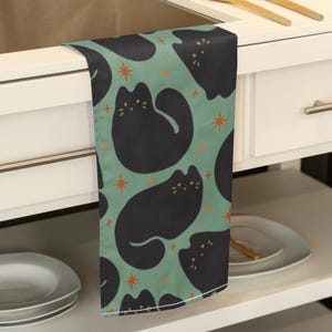 Retro Black Cat Tea Towel Linen Cotton Canvas 100% Hand-drawn Original Design