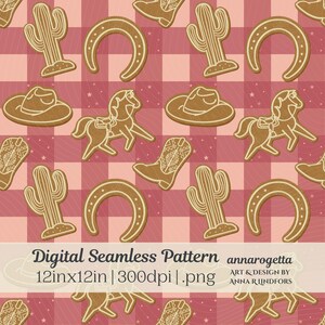 May include: Digital seamless pattern featuring cowboy-themed illustrations. The design includes images of cowboy hats, horses, boots, cacti, and horseshoes. The pattern is set against a pink and red checkered background. The image is 12 inches by 12 inches.
