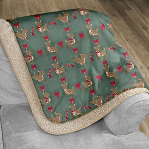 Deer with Bells and Bows Sherpa Blanket - Christmas Sage Gingham Pattern, Holiday Home Decor, Cozy Winter Throw