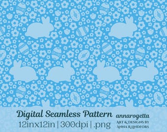 Blue Floral Easter Seamless Pattern Surface Design Sublimation Bunnies Easter Eggs Springtime Cute Gift Wrap Kindle Insert Scrapbook
