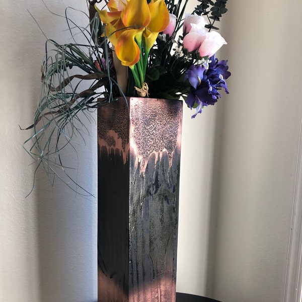 Copper / Black Table Top- Floor Size Wood Vase -Double Flow Art Design Modern Distressed - Decorative Vintage Wooden Rustic Modern Vase