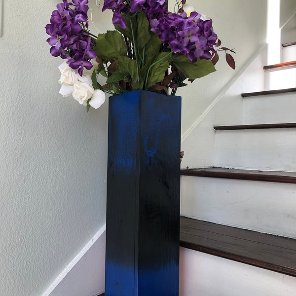 Royal Blue / Black Table Top - Floor Size Wood Vase -Double Flow Art Design Modern Distressed - Decorative Vintage Wooden Rustic Modern Vase