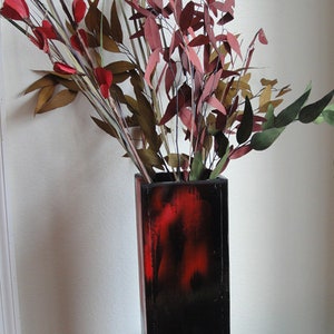 Red / Black Table Top - Floor Size Wood Vase - Flow Art Design Distressed - Decorative Vintage Wooden Rustic Modern Vase