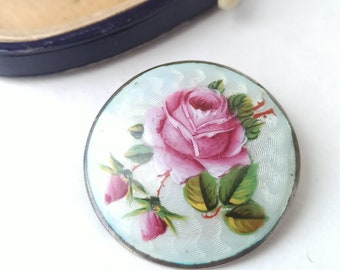 Vintage Art Deco Scandinavian Solid 900 Silver Guilloche Enamel Roses Brooch