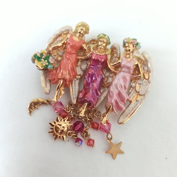 Vintage KIRKS FOLLY BROOCH Soul Sisters Soulmates Angel Pin Enamel, Glitter, Beads Retired Vtg Statement Brooch Costume Jewelery Jewelery