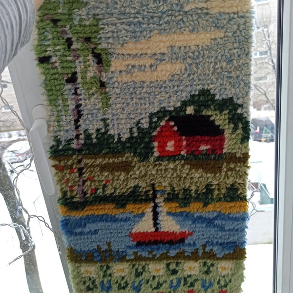 Rya Rug handmade wall hanging with motif of a small boat at the Swedish  with white knots wall art  Scandinavian Mid century