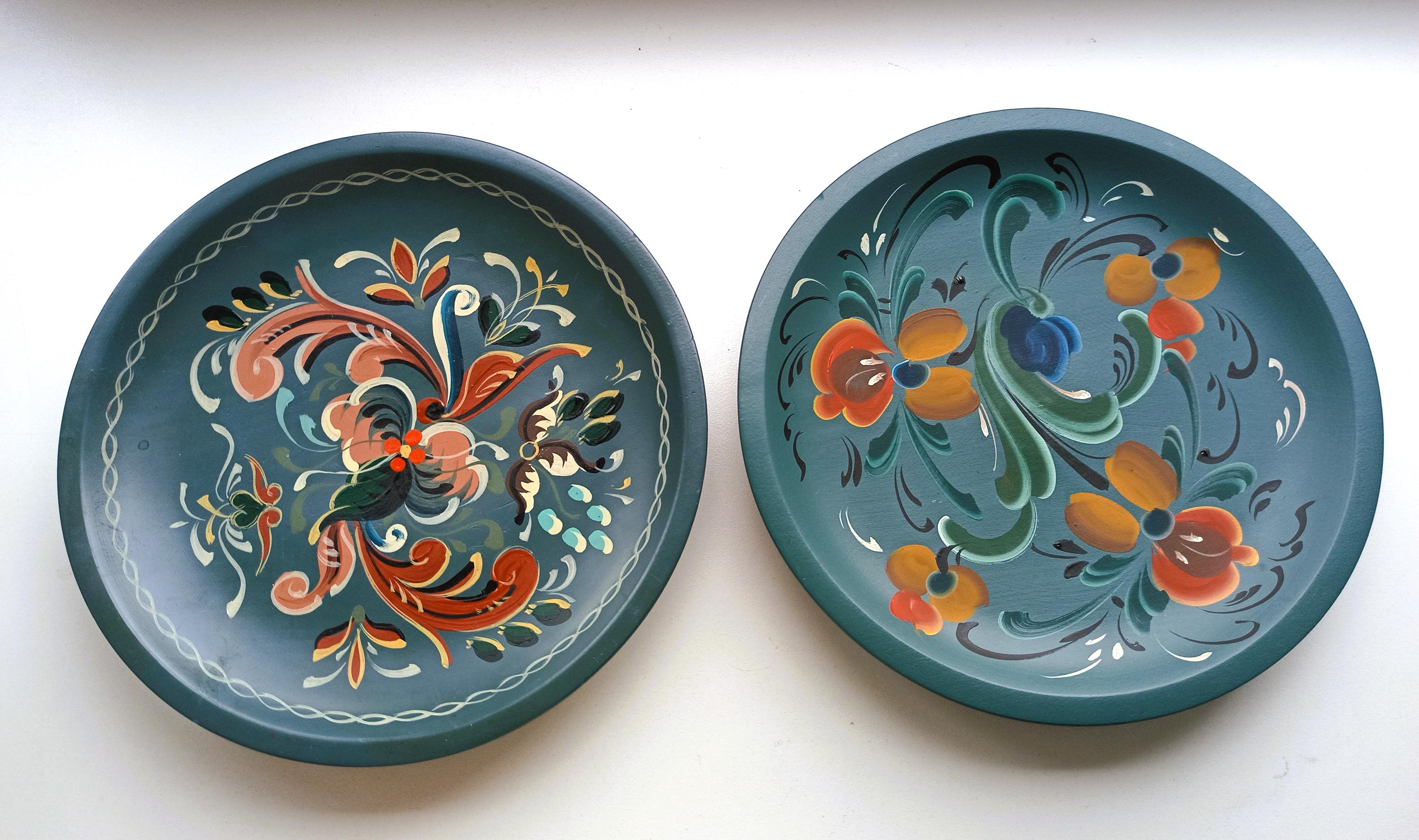 Wooden Plate Hand Painted Blue Rosemaling Wooden Hanging Wall
