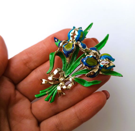EXQUISITE Birthday Flowers Series Rose/Iris 1950s Vintage Brooch for June/April Birthday. Hand Painted Enamel. Signed Exquisite