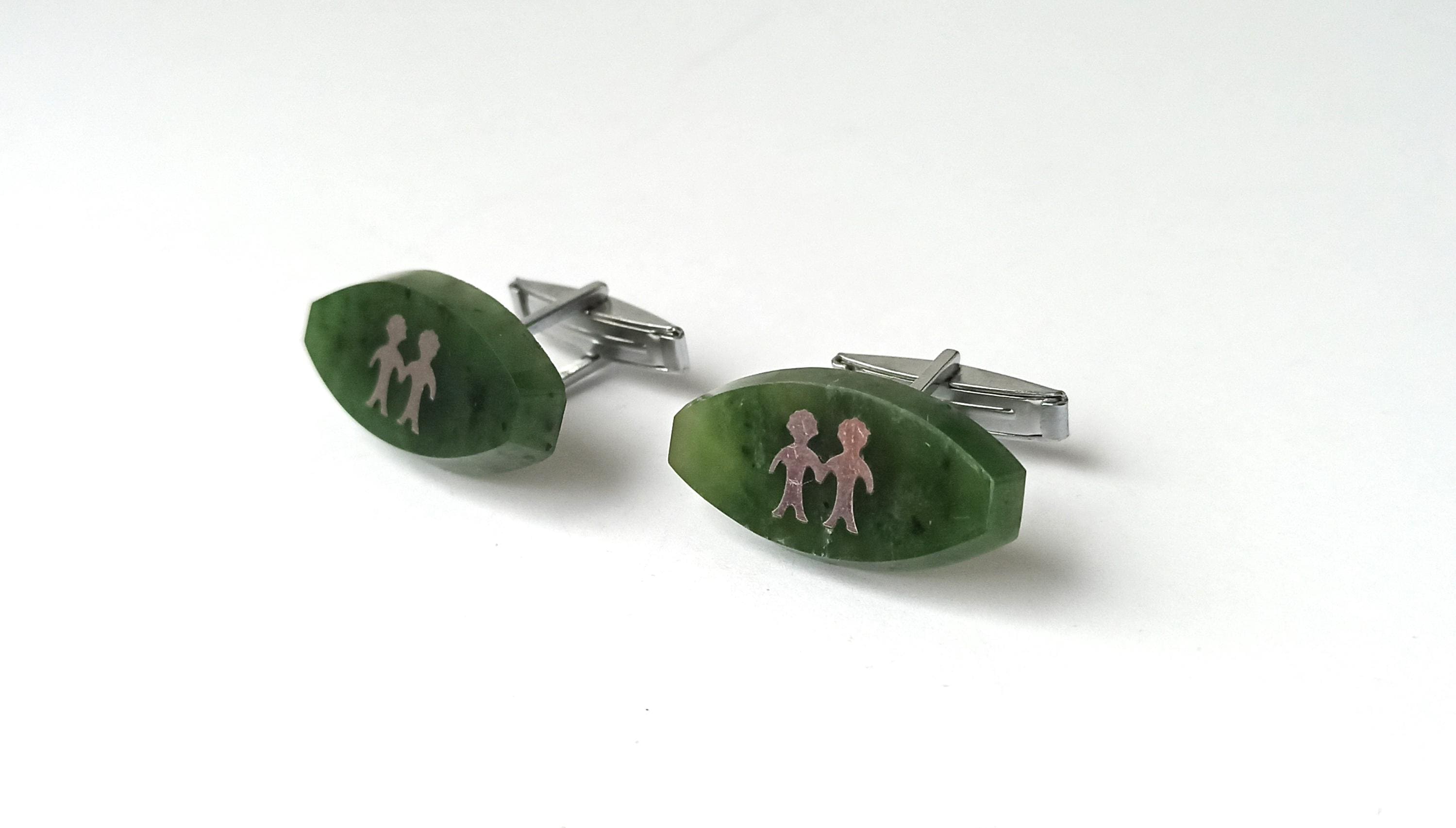 Boutons De Manchette Vintage Années 1950 - Jade Et Argent Sterling - Style Oriental