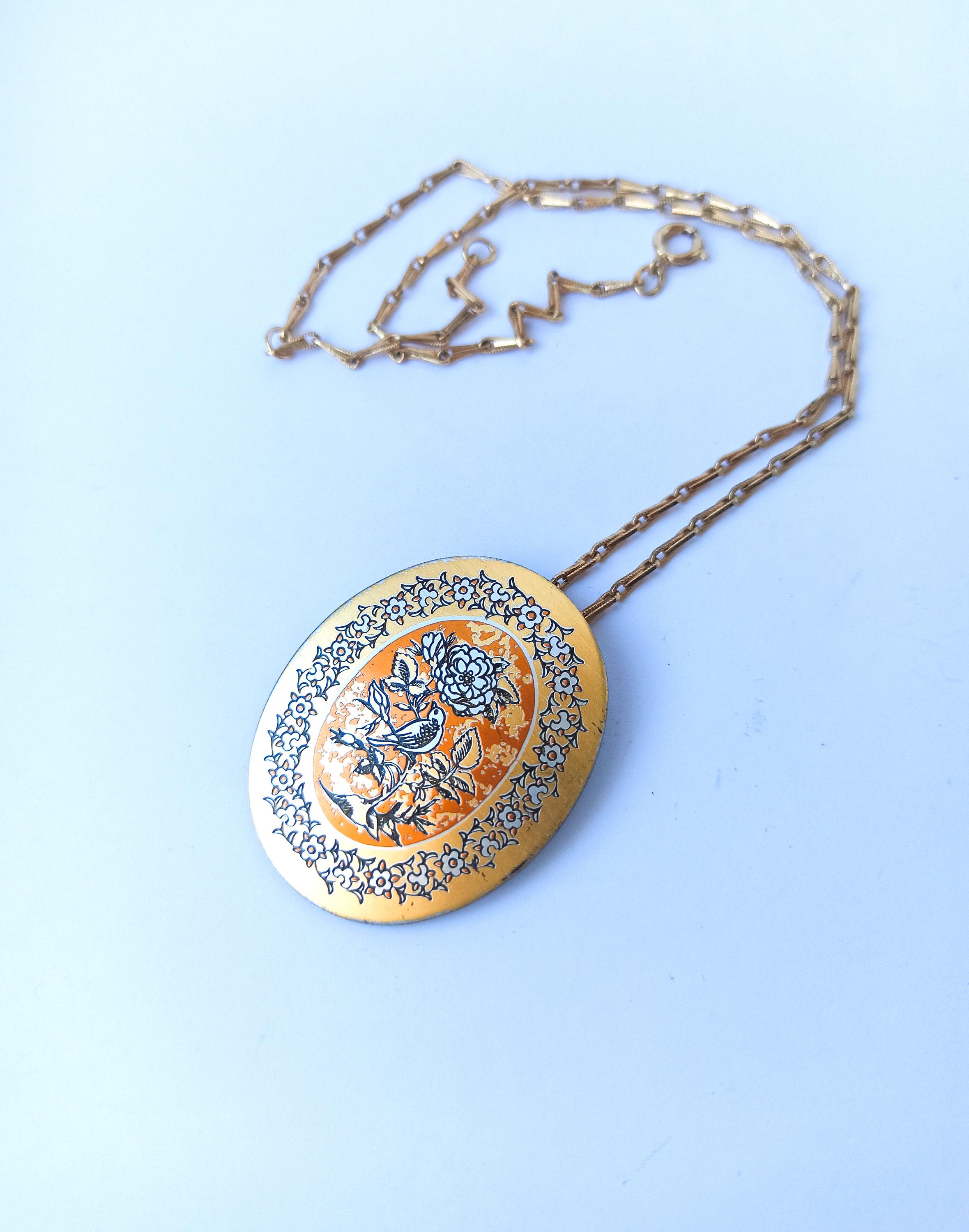 Reed & Barton Silver Tone Damascene Floral Pendant Necklace 1960s 