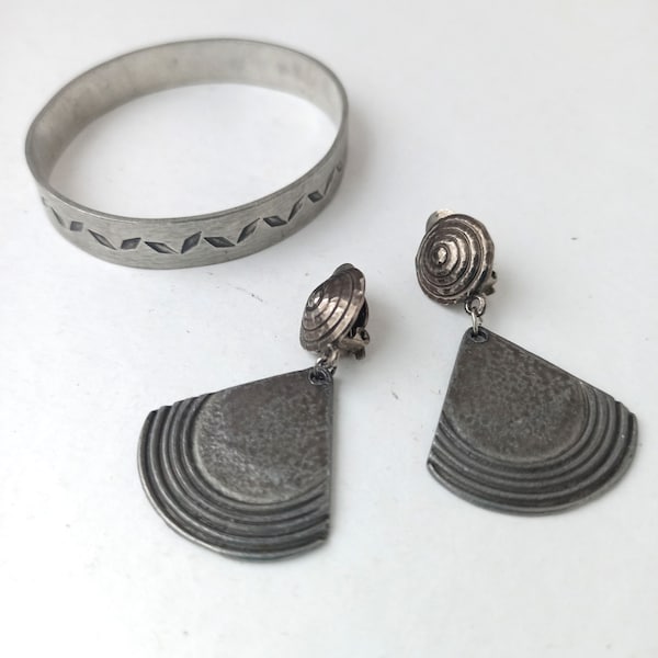 Vintage set bracelet and clips TENNESMED Sweden Modernist Pewter/ Mid-Century