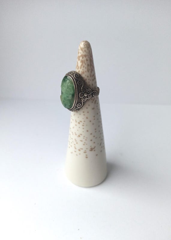 RAR Chinese Export Nephrite Jade Ring, Flowers Ring, Sterling Silver Filigree Ring, Old Asian Jewelry