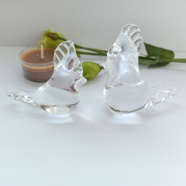 Set of 2 Vintage Hand Blown F M Ronneby Swedish Glass Clear Bird Figurine