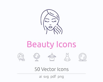 May include: A set of 5 beauty icons in a line. The icons are a woman's face, a mirror, a dress on a hanger, a dress, and a mirror. The icons are in a blue and white color scheme. The text "Beauty Icons" is above the icons in pink. The text "50 Vector Icons" is below the icons in black. The text "ai svg pdf png" is below the text "50 Vector Icons" in black.