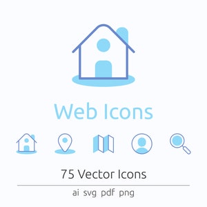 Puede incluir: Un conjunto de iconos web azules y azul claro, que incluyen una casa, un pin de ubicación, un mapa, una persona y una lupa. El texto "Web Icons" se muestra encima de los iconos, y el texto "75 Vector Icons" se muestra debajo de los iconos. El texto "ai svg pdf png" se muestra debajo del texto "75 Vector Icons".
