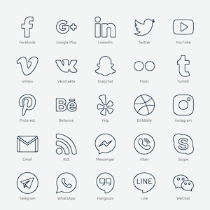 May include: A graphic with 20 social media icons, including Facebook, Twitter, Instagram, YouTube, Pinterest, and more. Each icon is outlined in dark blue and set against a light gray background.