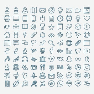 May include: A collection of over 100 line art icons depicting various objects, symbols, and social media platforms. The icons are in a dark blue color and are arranged in a grid pattern.