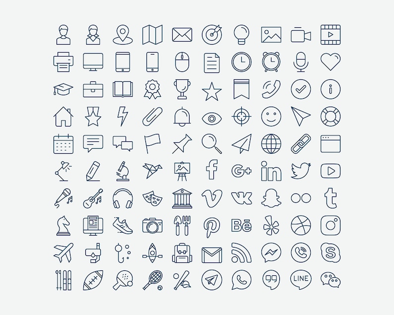 May include: A collection of over 100 line art icons depicting various objects, symbols, and social media platforms. The icons are in a dark blue color and are arranged in a grid pattern.