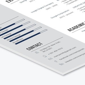 May include: A resume with a blue and white color scheme. The resume includes a skills section with a bar graph showing proficiency in various design skills, a contact section with a phone number, email address, and social media links, and an experience section with a list of past jobs and dates of employment.