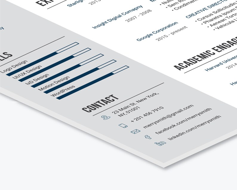 May include: A resume with a blue and white color scheme. The resume includes a skills section with a bar graph showing proficiency in various design skills, a contact section with a phone number, email address, and social media links, and an experience section with a list of past jobs and dates of employment.
