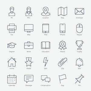 May include: A set of 25 line icons depicting various concepts, including people, location, communication, technology, education, work, home, awards, and more. The icons are outlined in dark blue and are arranged in a grid.