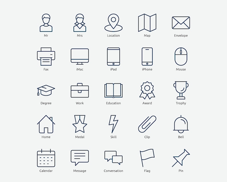 May include: A set of 25 line icons depicting various concepts, including people, location, communication, technology, education, work, home, awards, and more. The icons are outlined in dark blue and are arranged in a grid.