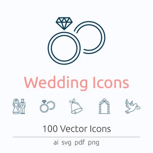 以下が含まれることがあります： 結婚式のアイコンセット。カップル、指輪、ベル、アーチ、鳩などがあります。アイコンは濃い青色のアウトラインで、白い背景に配置されています。「Wedding Icons」というテキストは、アイコンの下にピンク色で書かれています。「100 Vector Icons」というテキストは、「Wedding Icons」の下に濃い青色で書かれています。「ai svg pdf png」というテキストは、「100 Vector Icons」の下に濃い青色で書かれています。