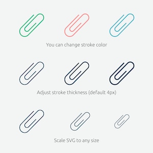 May include: A set of nine paperclip icons in various colors and sizes. The icons are outlined in different shades of blue, green, and pink. The icons are shown in different sizes to demonstrate how they can be scaled. The text "You can change stroke color", "Adjust stroke thickness (default 4px)", and "Scale SVG to any size" is shown below the icons.