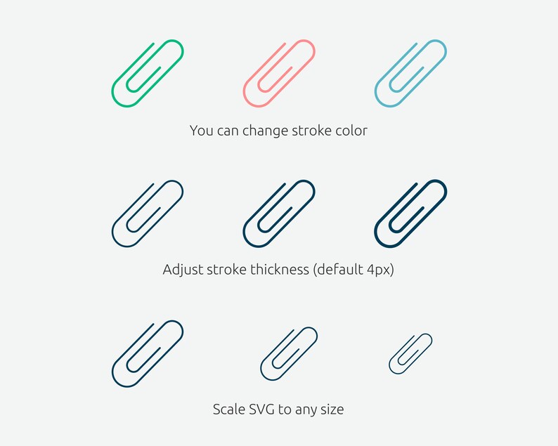 May include: A set of nine paperclip icons in various colors and sizes. The icons are outlined in different shades of blue, green, and pink. The icons are shown in different sizes to demonstrate how they can be scaled. The text "You can change stroke color", "Adjust stroke thickness (default 4px)", and "Scale SVG to any size" is shown below the icons.