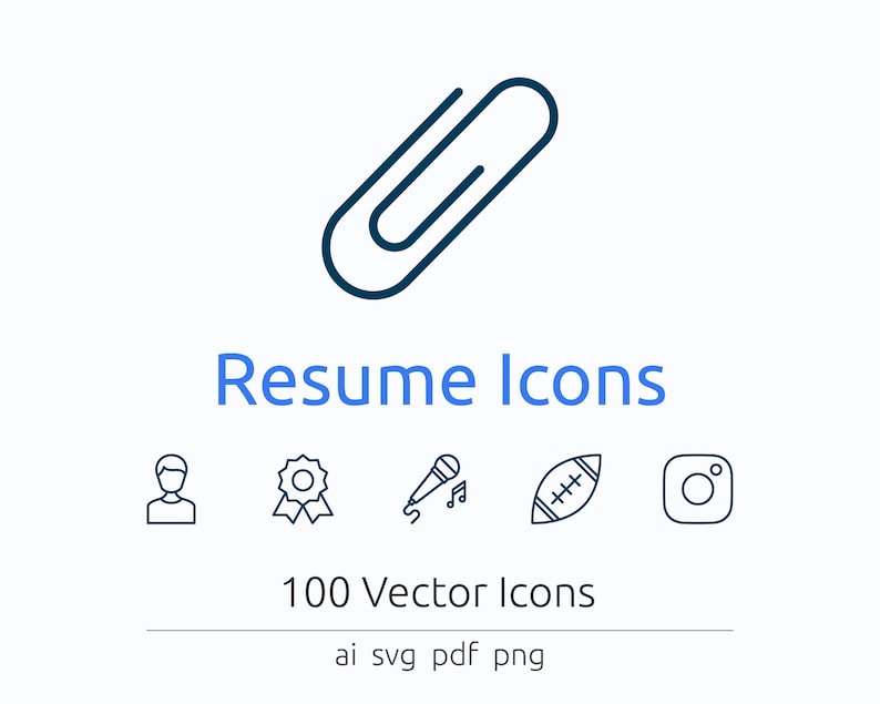 May include: A blue line drawing of a paperclip. The image is part of a set of 100 vector icons for resumes.