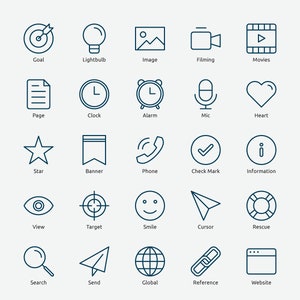 May include: A set of 25 line icons representing various concepts, including goal, lightbulb, image, filming, movies, page, clock, alarm, mic, heart, star, banner, phone, check mark, information, view, target, smile, cursor, rescue, search, send, global, reference, and website.
