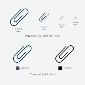 May include: A blue and black outline of a paperclip in different sizes. The text "PNG sizes for Web and Print" is below the images. The text "Come in blue & black" is below the color swatches.