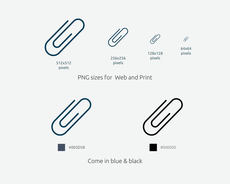 May include: A blue and black outline of a paperclip in different sizes. The text "PNG sizes for Web and Print" is below the images. The text "Come in blue & black" is below the color swatches.